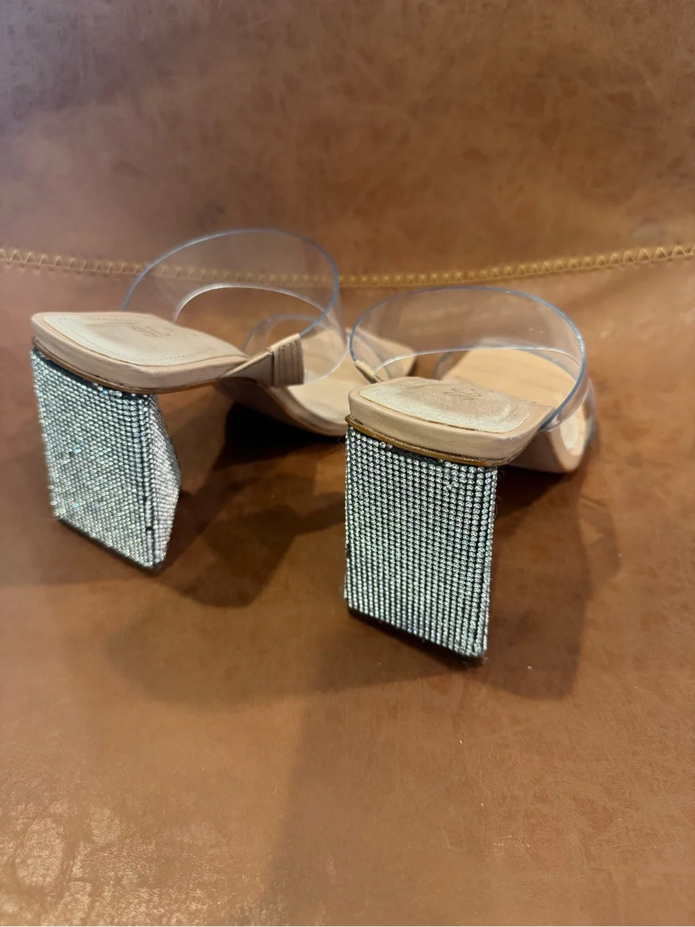 SCHUTZ Nude Clear Strap Rhinestone Block Heel Sandals